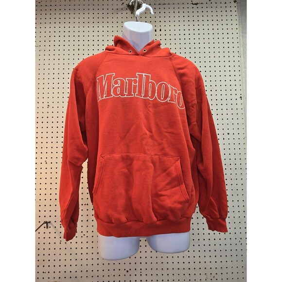 Vintage 90’s Marlboro Logo Red Hoodie Sweatshirt Men’s XL USA 50/50 HANES - Picture 1 of 12